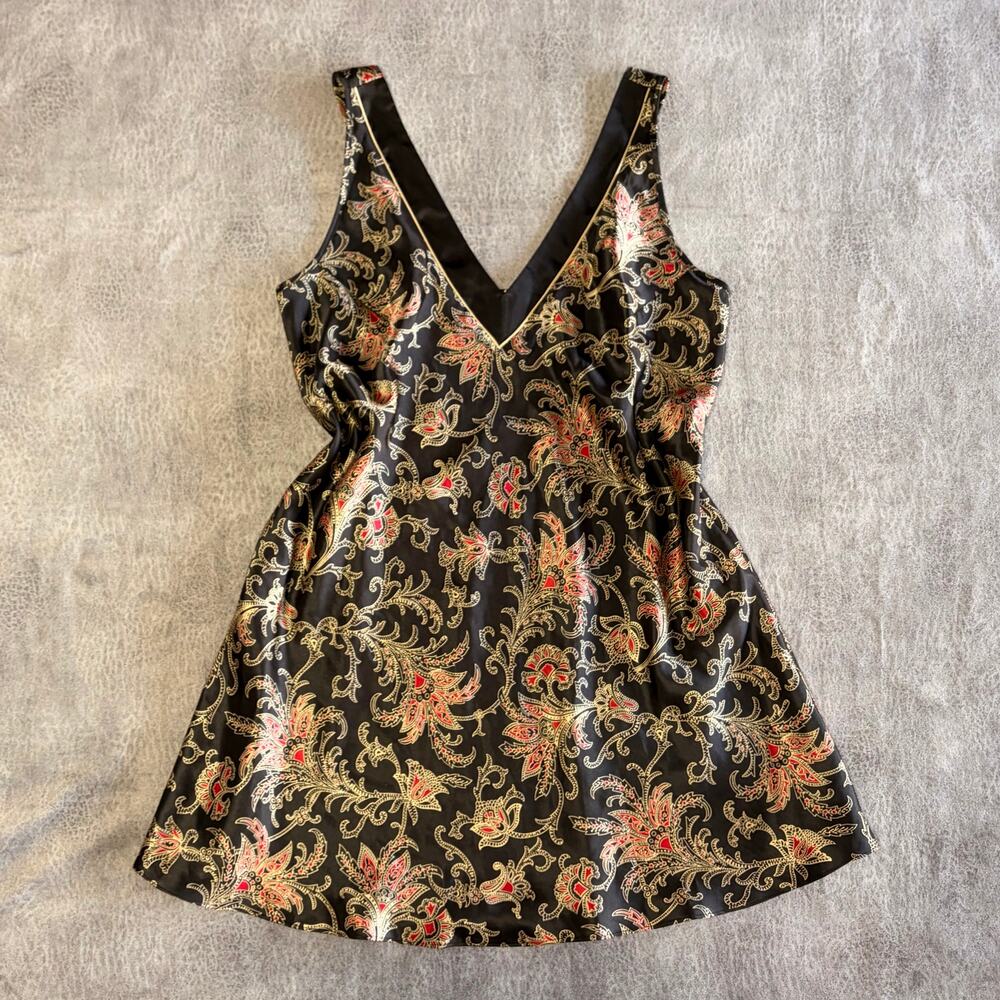 Black Floral Brocade V-Neck Mini Dress with Gold Accents